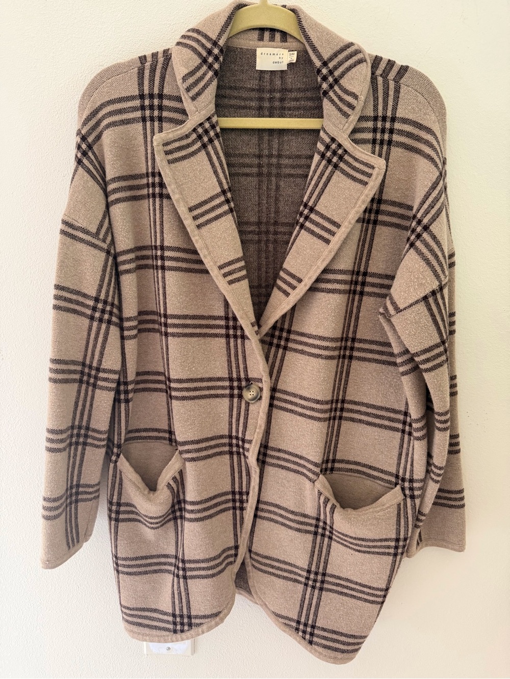 Dreamers Plaid Oversized Open-Front Sweater Jacket Tan/Dark Brown Size  S/M